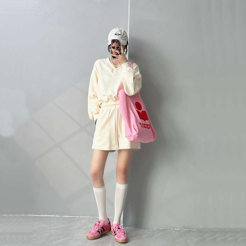 韩版春季宽松休闲长袖V领卫衣短裤套装两件套