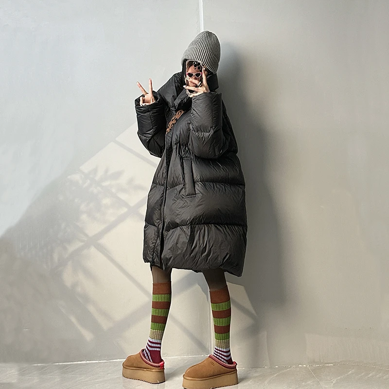 轻盈蓬松黑长羽绒服90白鸭绒茧型龟背立领长款羽绒服宽松冬季外套
