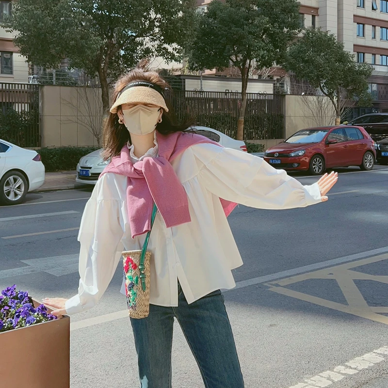 法式木耳边白色衬衫女设计感小众泡泡袖衬衣