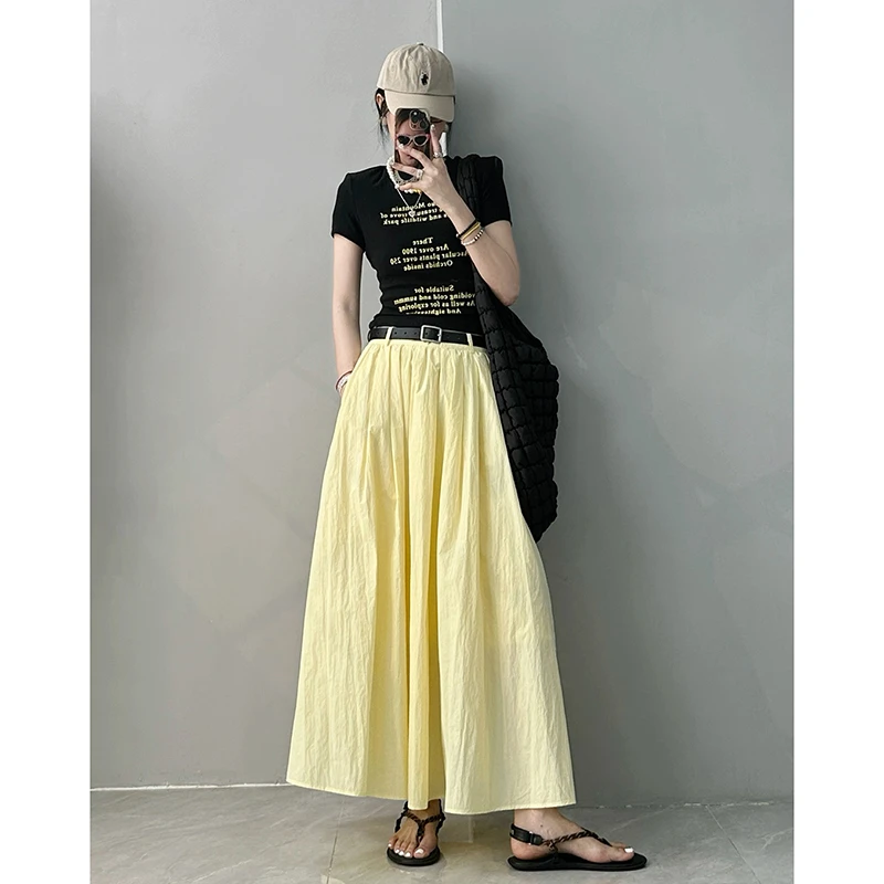 纯色褶皱中长款奶黄半身裙夏季+显瘦字母印花短袖T恤女时尚
