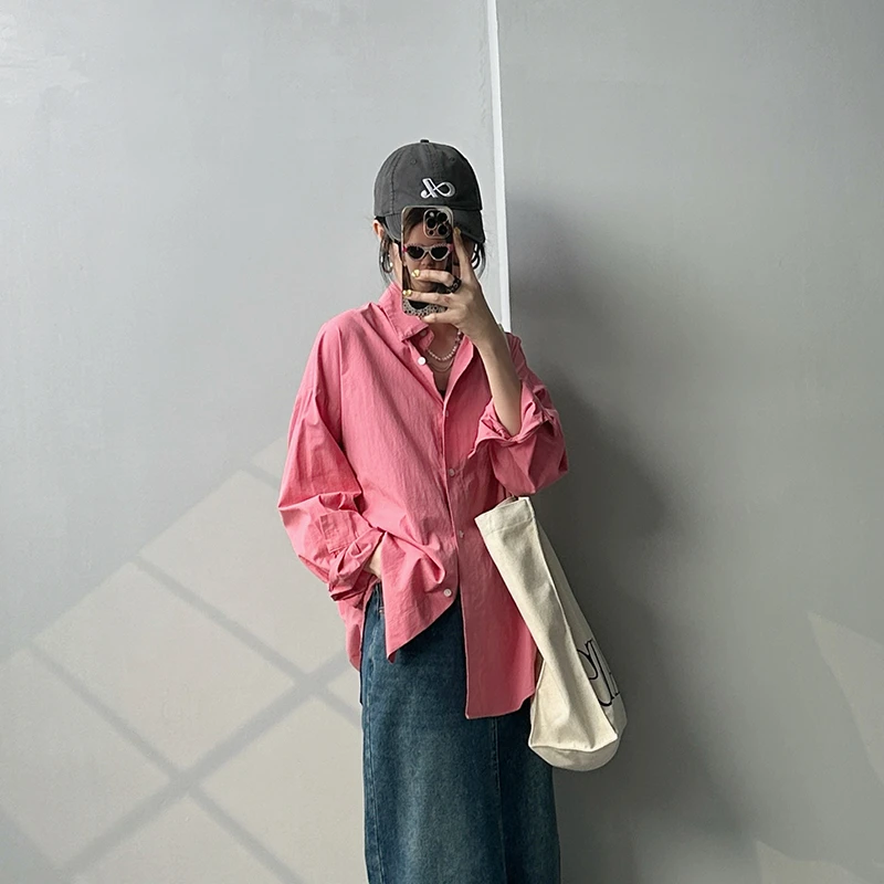 树莓粉小众显瘦衬衫女宽松百搭翻领长袖衬衣粉色系穿搭时尚