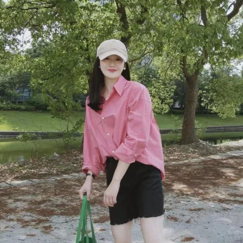 树莓粉小众显瘦衬衫 宽松百搭长袖衬衣春夏粉色系穿搭时尚纯色