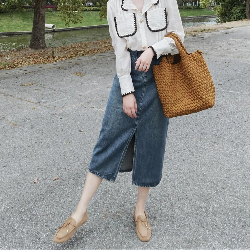 春夏中长款水洗牛仔高腰开叉显瘦a字百搭中长款牛仔裙半身裙