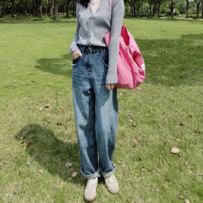 复古蓝短款牛仔裤女秋季新款锥形宽松高腰梨型直筒裤子