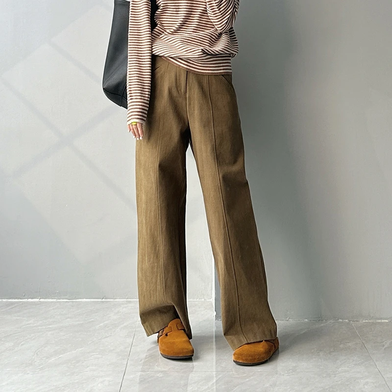 美拉德复古宽松显瘦直筒裤女秋冬新款插袋高腰长裤韩版阔腿裤子