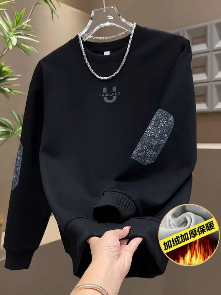 2024秋冬加绒男士流行新款简约纯色线条卫衣个性贴布圆领休闲上衣