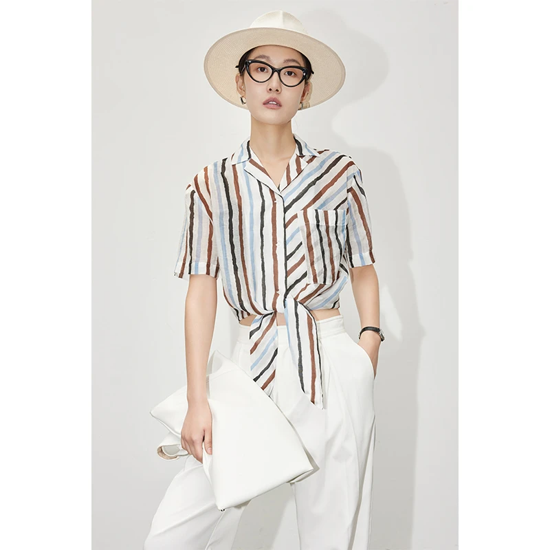 YINYOU原创设计 夏威夷度假风翻领条纹印花衬衫
