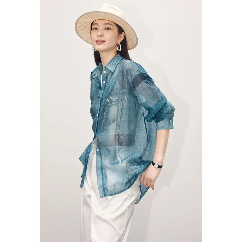 YINYOU原创设计 牛仔印花长袖翻领气质通勤衬衫衬衣休闲夏季宽松