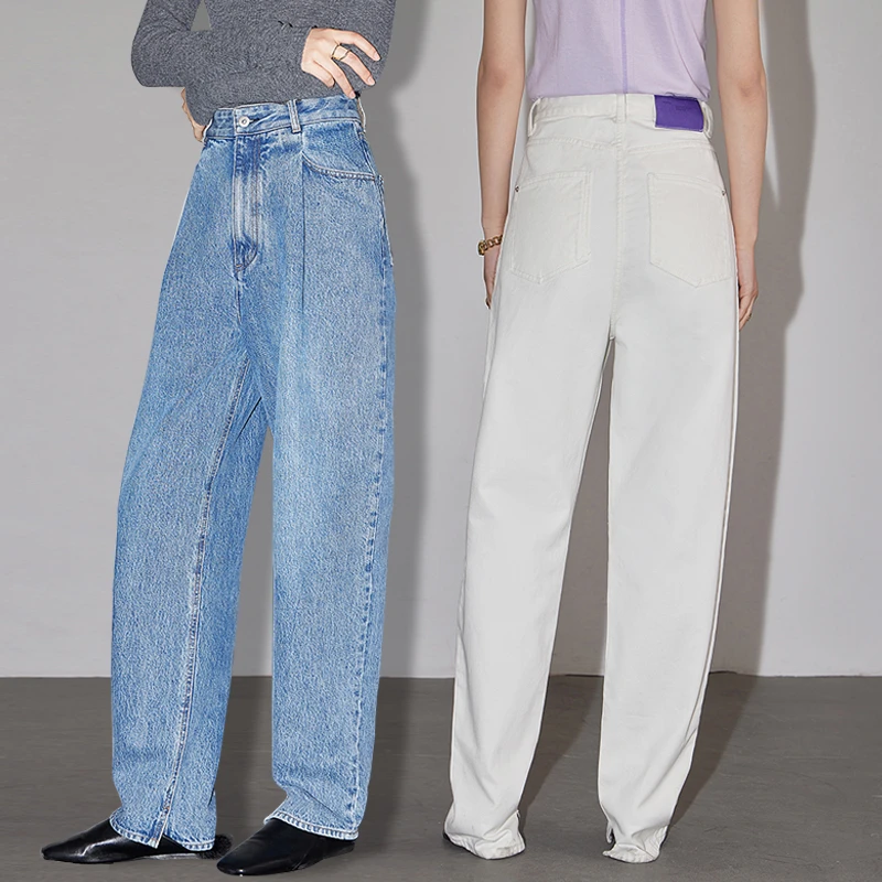 因由原创设计白色直筒牛仔裤春季新款压褶设计感宽松显瘦阔腿