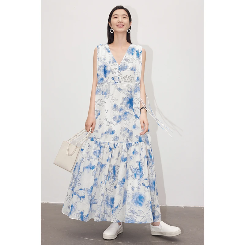 YINYOU原创设计 度假氛围感无袖连衣裙轻盈优雅气质长款A字伞裙