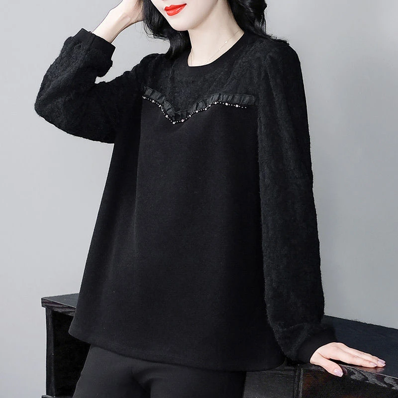 苏兰诺大码女装蕾丝2024秋季新款加绒保暖时髦宽松显瘦上衣241058