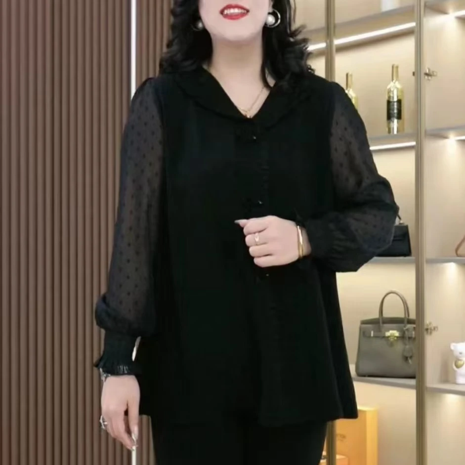 苏兰诺大码女装新款翻领衬衫拼接荷花领口宽松遮肉显瘦240961