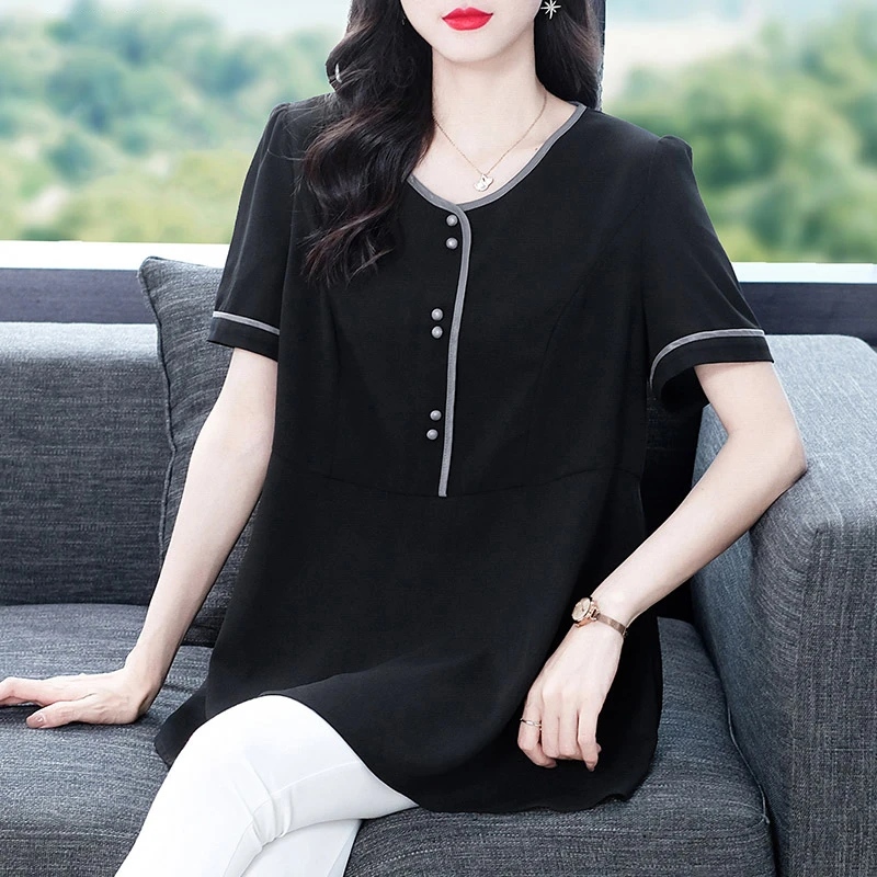 苏兰诺百搭黑色中年妈妈装时尚休闲大码气质显瘦减龄小衫ZB5122