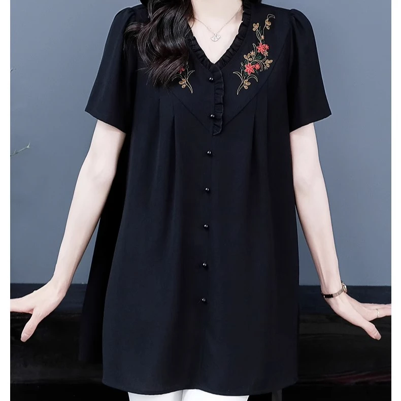 苏兰诺大码夏季洋气百搭气质时尚宽松显瘦遮肚子刺绣妈妈装229918