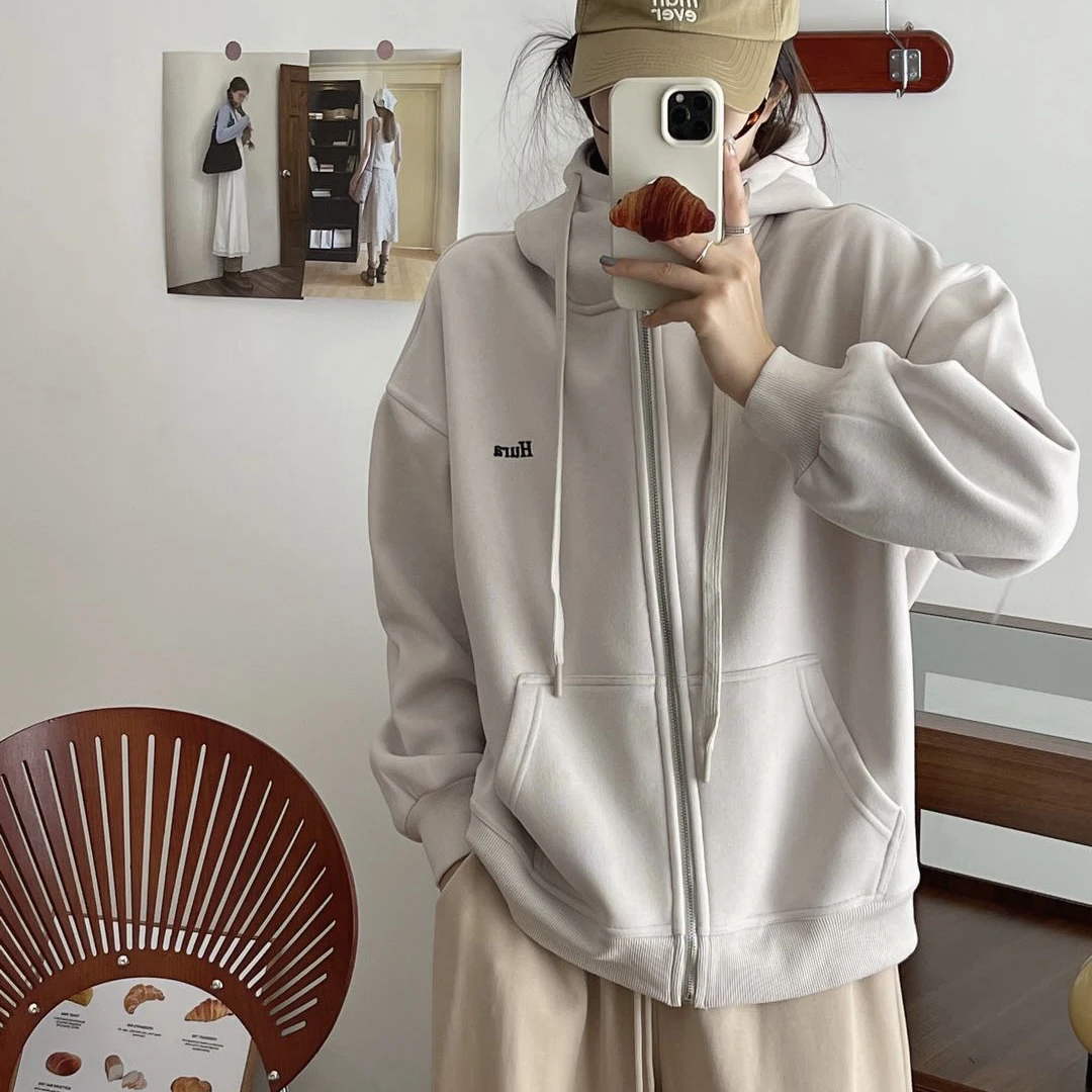 Hura加厚摇粒绒高领拉链连帽卫衣外套｜秋冬新款开衫字母刺绣宽松