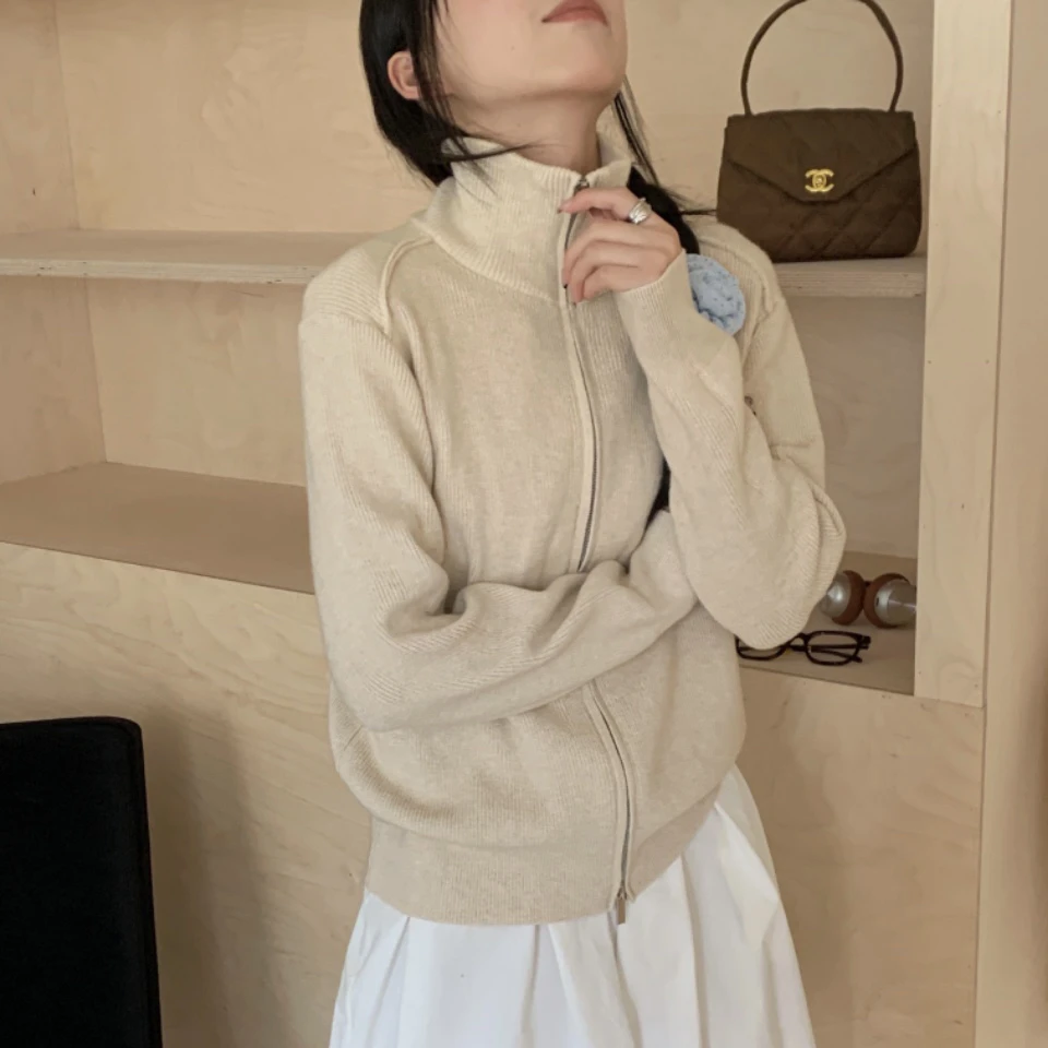 韩单双头拉链针织开衫 正肩显瘦毛衣2024冬女