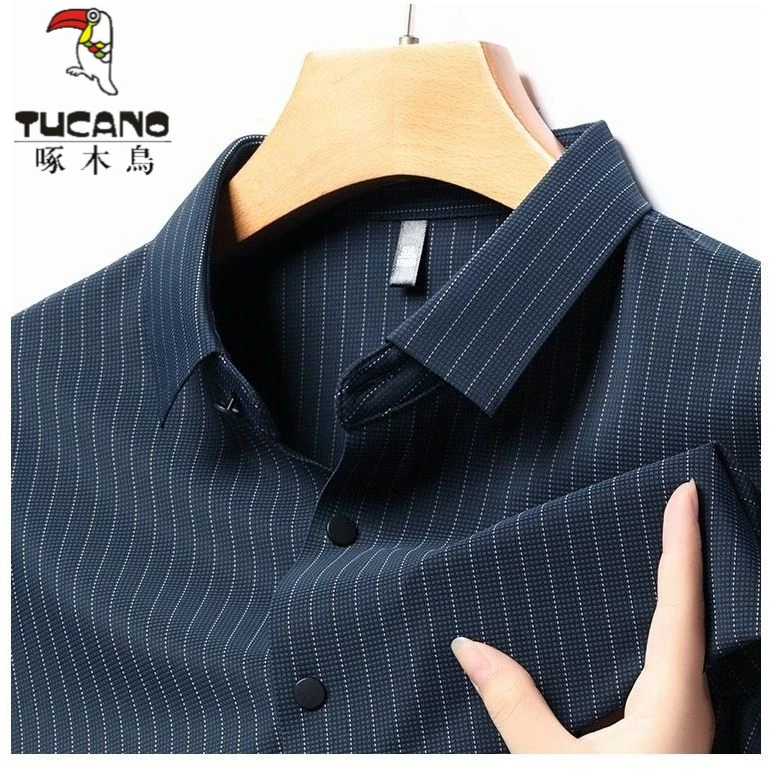 啄木鸟秋季无痕男士长袖衬衫条纹中青年休闲免烫抗皱高档商务衬衣