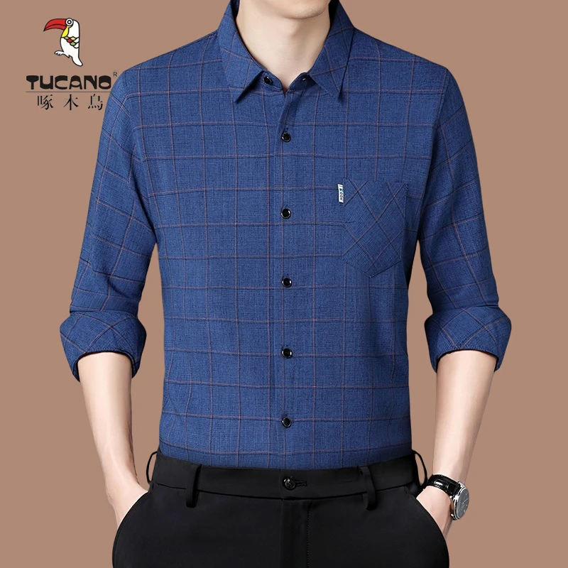 啄木鸟男士长袖衬衫新款商务休闲格子秋季麻长袖高档衬衣爸爸装