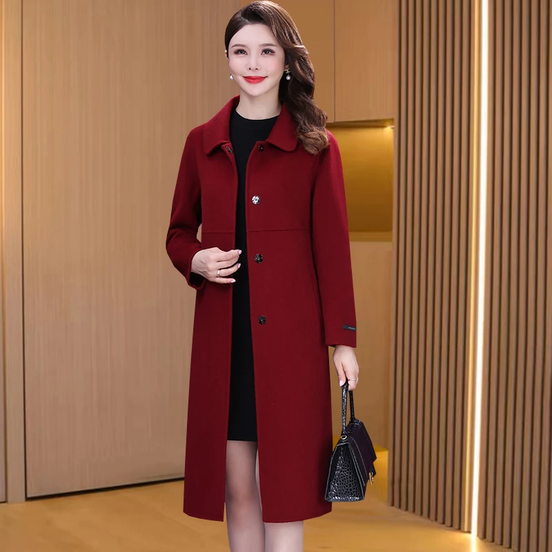 高档呢子大衣女秋冬中长款喜婆婆洋气双面毛呢外套中年妈妈婚宴装