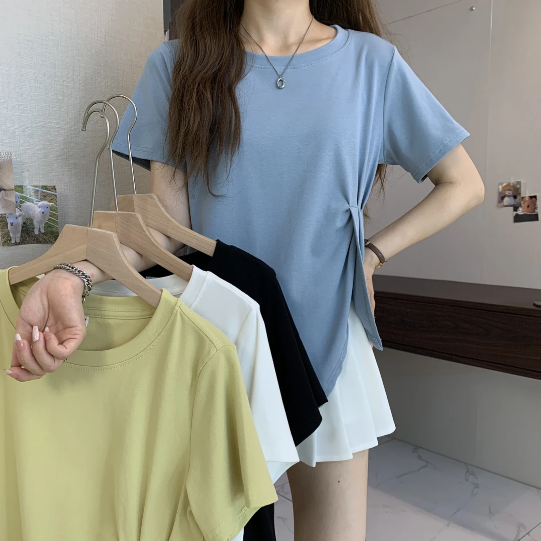 春夏打底外穿法式文艺开叉不规则设计感休闲T恤女清爽百搭短袖