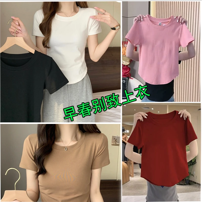 2025年夏季爆款短袖新款圆领正肩修身打底衫上衣弧形收腰休闲T恤