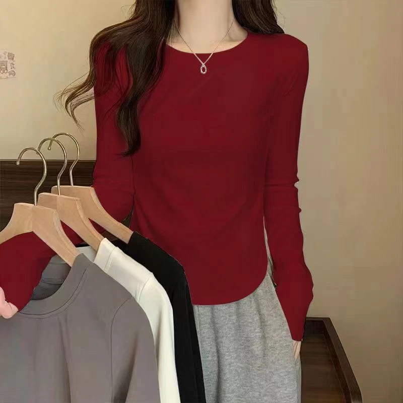 秋款 百搭长袖圆领正肩打底衫弧形收腰显瘦休闲T恤上衣女16029