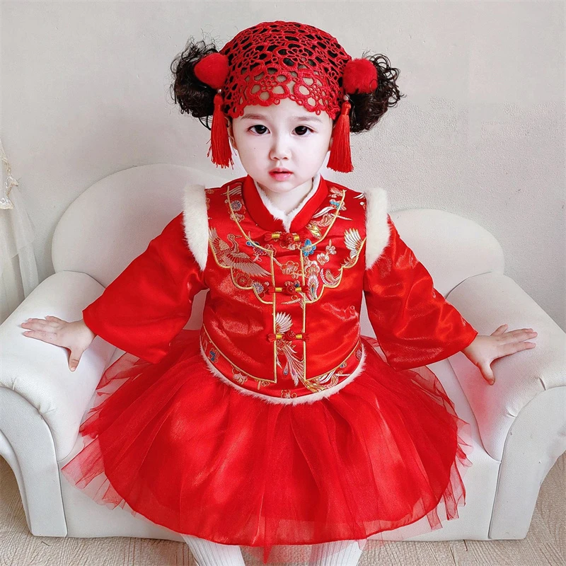 女童秋冬高端中式加绒周岁礼服女宝宝加厚唐装裙汉服裙新年拜年服