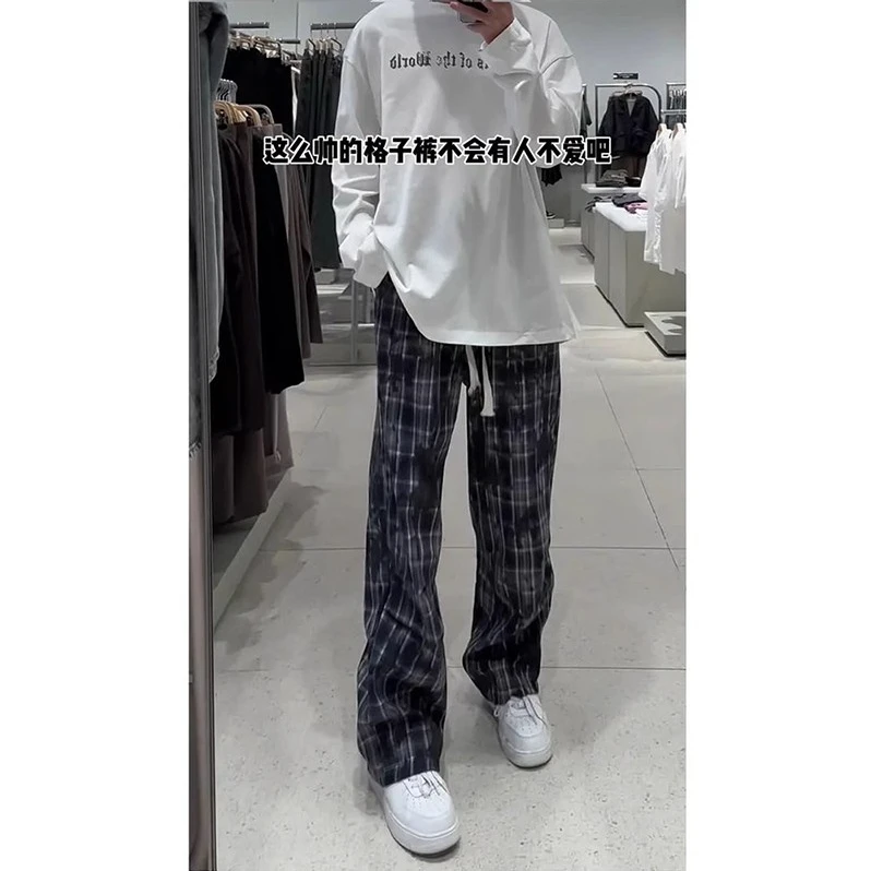 美式复古撞色格子裤男高腰显瘦加长阔腿裤青少年小众高级感休闲裤