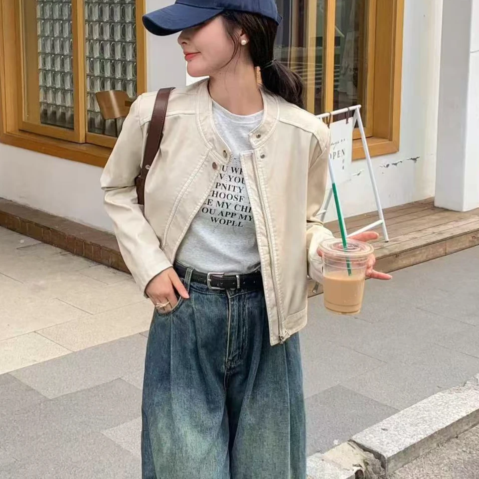 MK-韩版皮夹克外套女2024海宁新款皮衣外套女秋季百搭休闲皮衣女