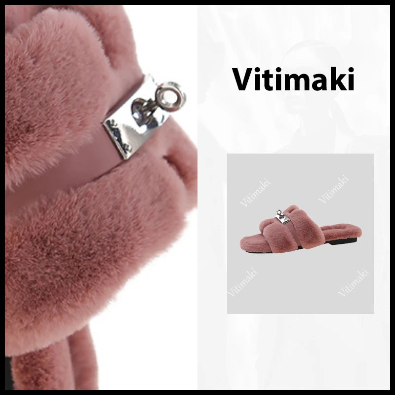 金属锁扣优雅气质毛毛拖鞋女2024秋冬新款外穿时尚一字拖鞋T2