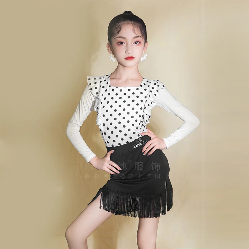乐雅池秋冬新款拉丁舞练功服少儿儿童女童套装舞服长袖波点