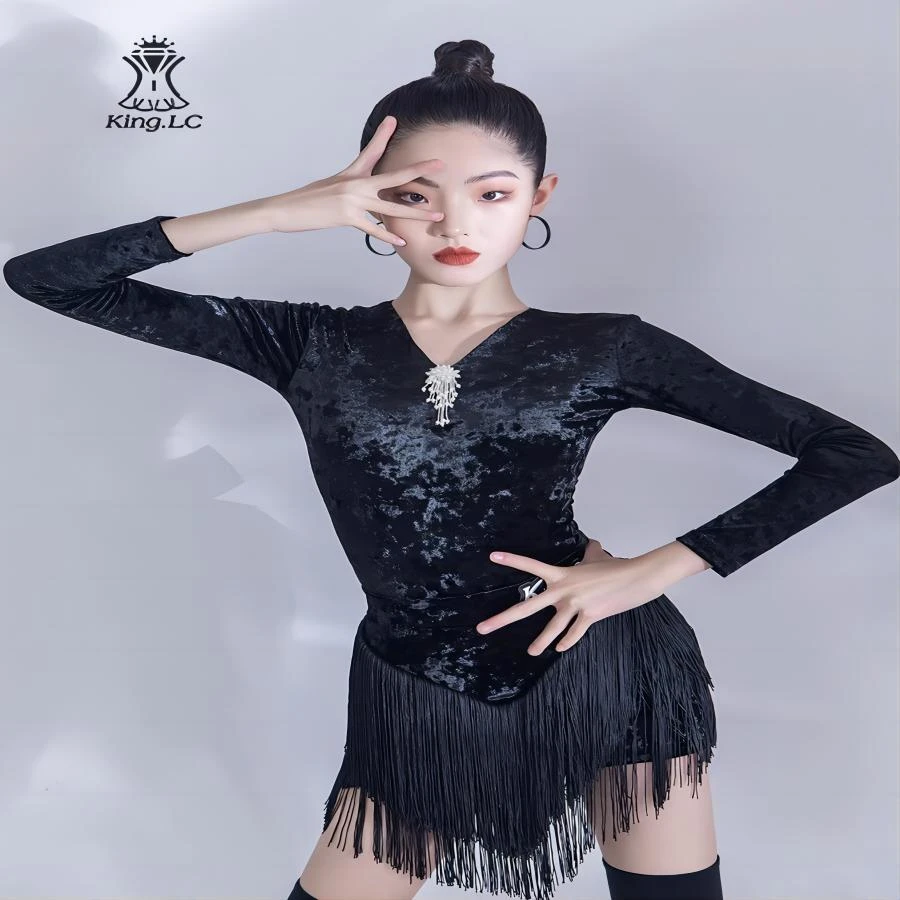 2023秋冬新款拉丁舞服练功服女童黑色长袖修身气质流苏