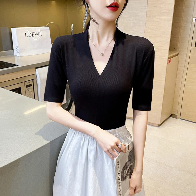 修身V领弹力打底衫内搭设计感小众长袖套头螺纹时尚黑色t恤女2025