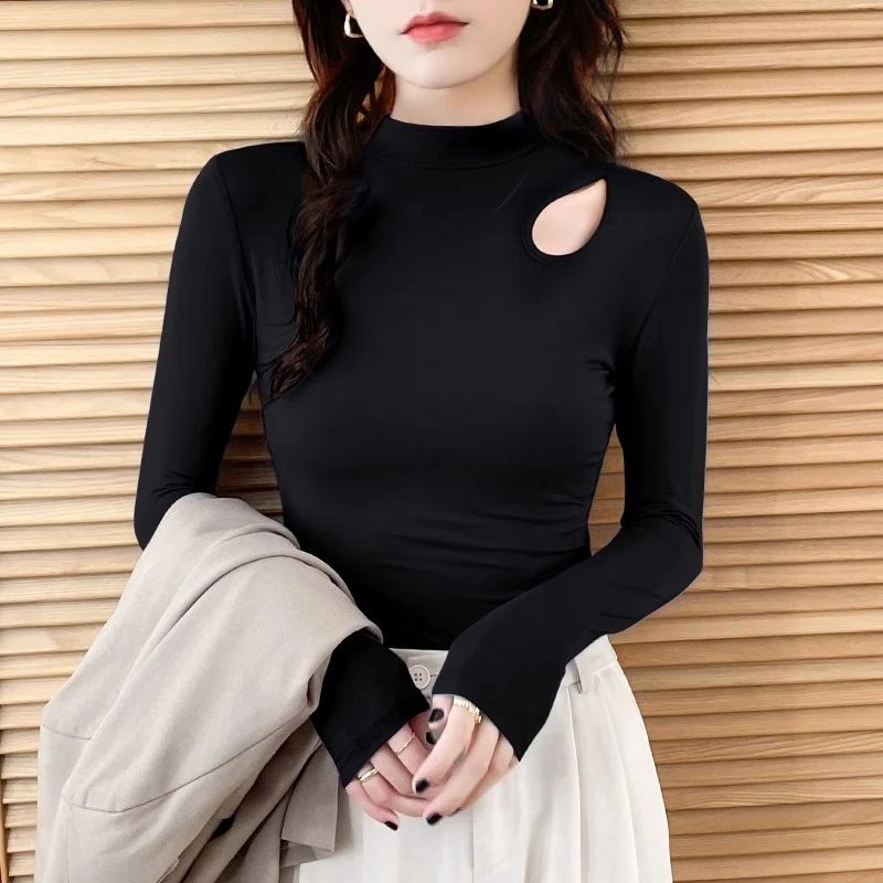 镂空半高领打底衫女秋冬洋气内搭打底衫小心机上衣服2024新款长袖