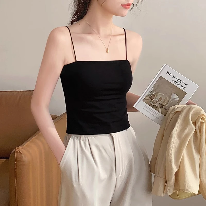 纯棉黑色一字肩吊带背心女内搭夏外穿美背内衣带胸垫抹胸打底上衣