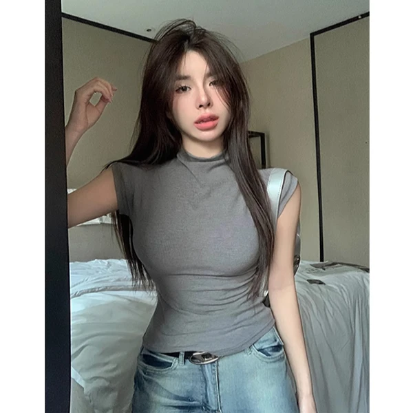 高领短袖t恤女夏季甜美显瘦背心基础无袖紧身收腰洋气打底衫上衣