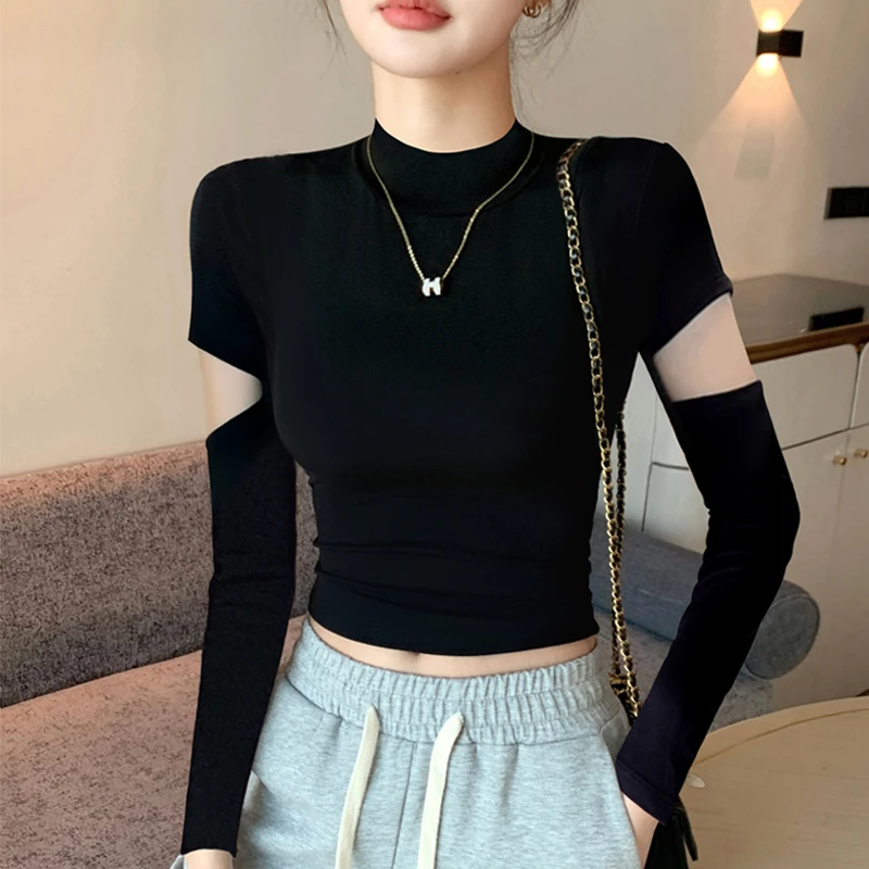 黑色半高领打底衫女春秋内搭螺纹露脐上衣紧身短款设计感长袖t恤