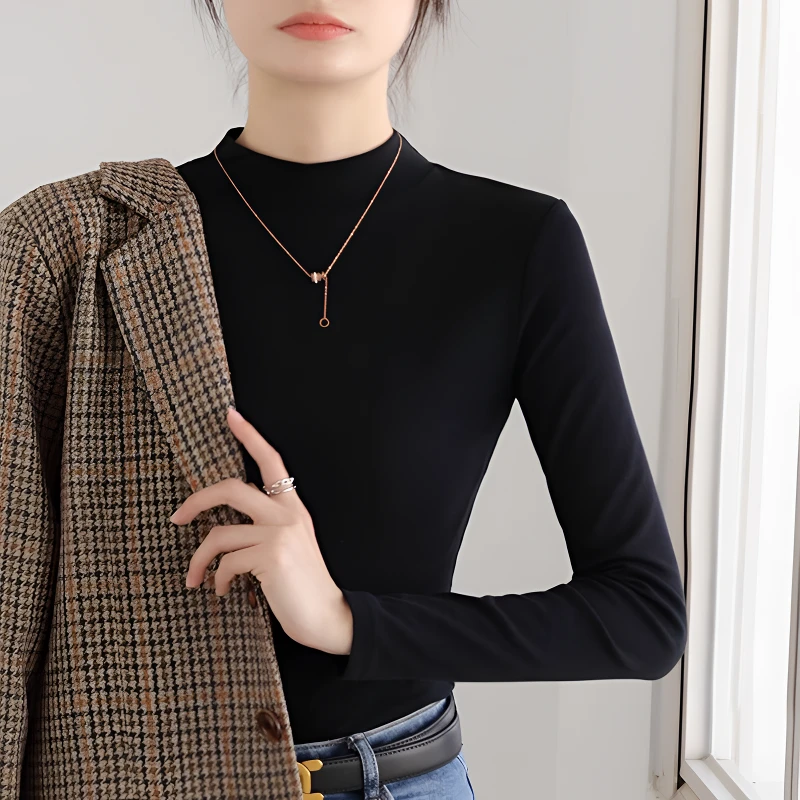 纯色小立领打底衫秋冬半高领加厚百搭显瘦修身内搭上衣长袖女t恤