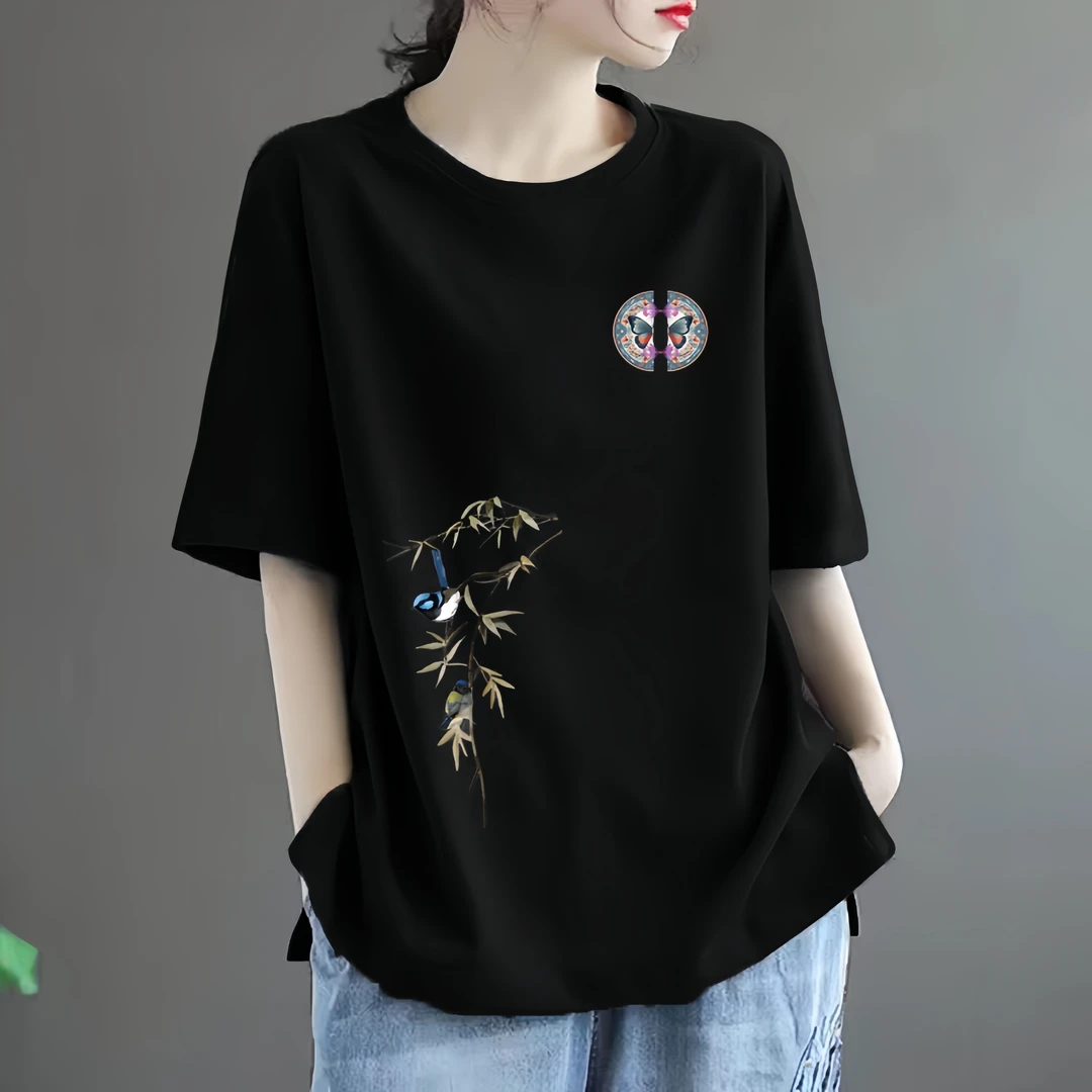 %100纯棉短袖T恤女大码200斤民族风宽松百搭显瘦休闲时尚2024新款
