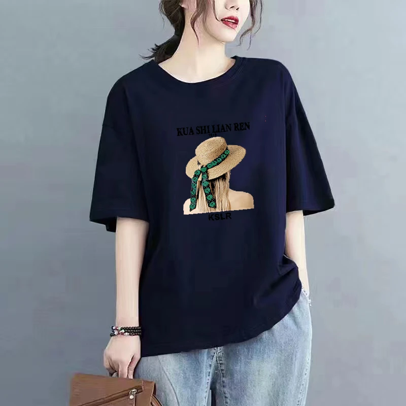 2024年夏季新款纯棉T恤女大码宽松胖mm百搭休闲简约韩版圆领上衣