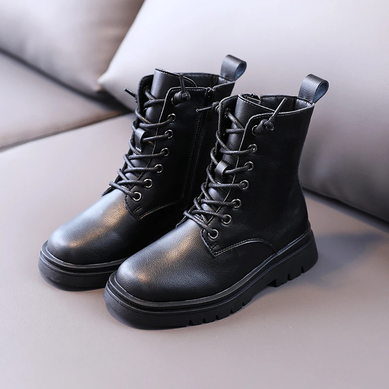 杰西可6953儿童短靴中大童时尚加绒黑色秋冬季圆头低筒马丁靴