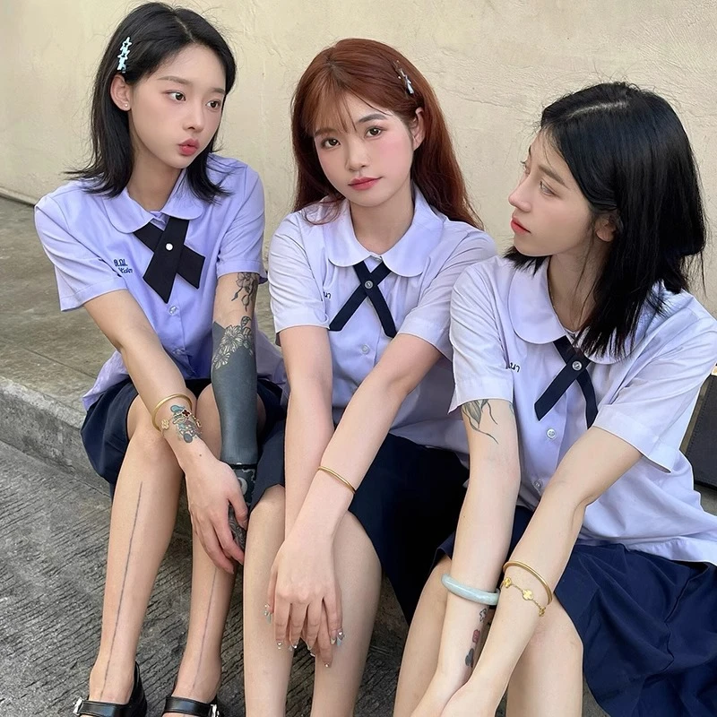 泰国泰式校服夏季jk制服衬衫高初中学生英伦学院风毕业照班服套装