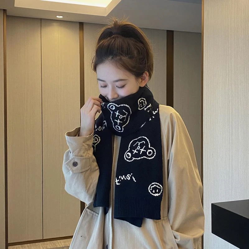 可爱小熊图案软妹仿羊绒两用女冬季韩版百搭学生围巾保暖加厚披肩