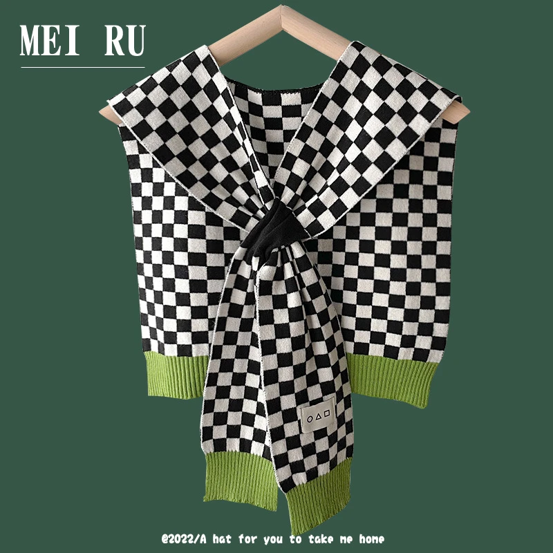 网红棋盘格春秋针织小夏季外搭女时尚洋气新款衬衫搭肩假领子围巾