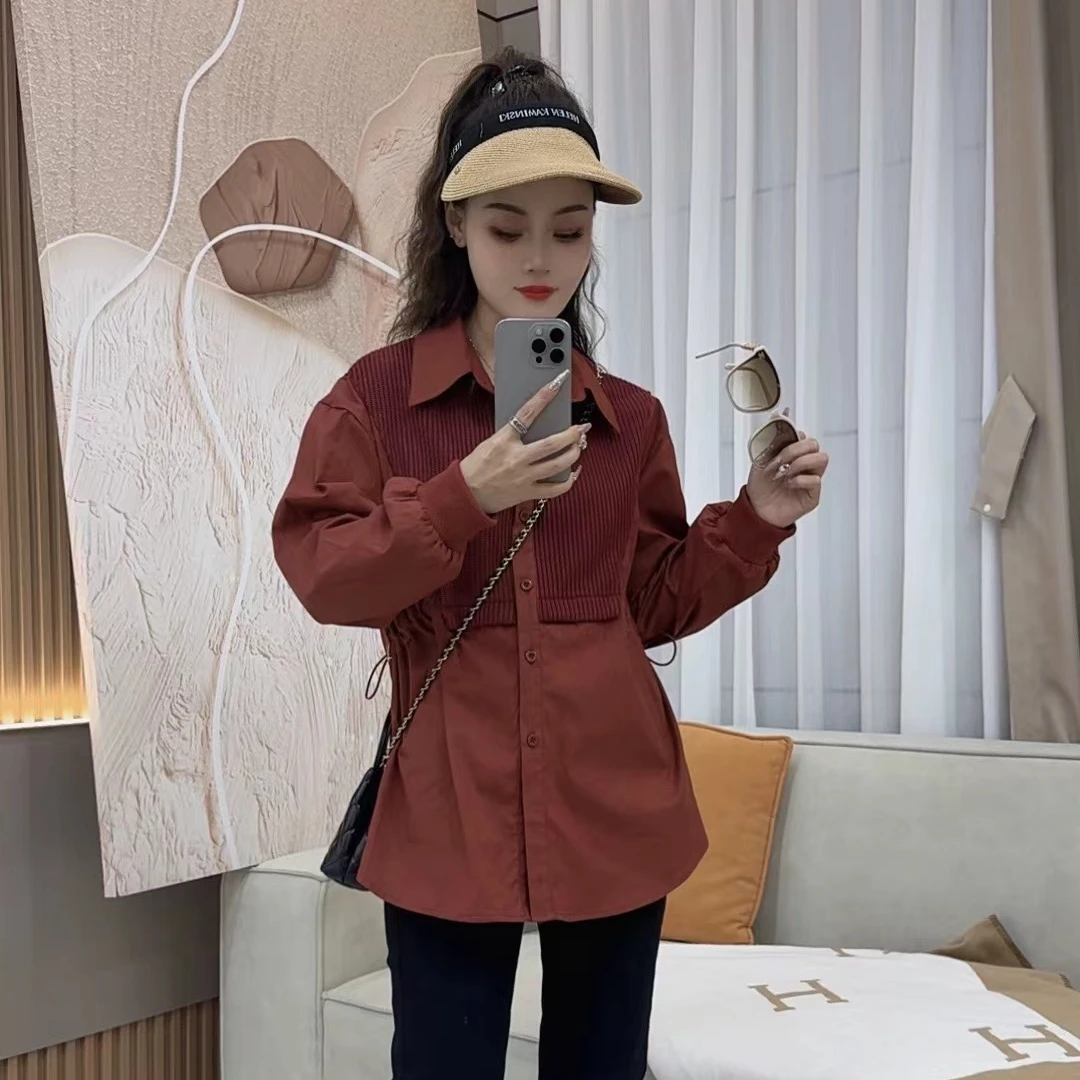 设计感秋季气质拼接抽绳长袖衬衫女早秋新款显瘦遮肚子上衣时尚