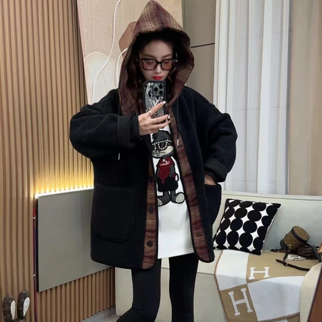 连帽保暖纽扣短外套百搭加绒女装拼接韩版加厚网红开衫潮流