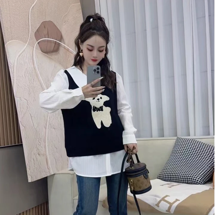 设计感假两件衬衫女秋季毛巾绣新款微胖宽松显瘦内搭外穿上衣