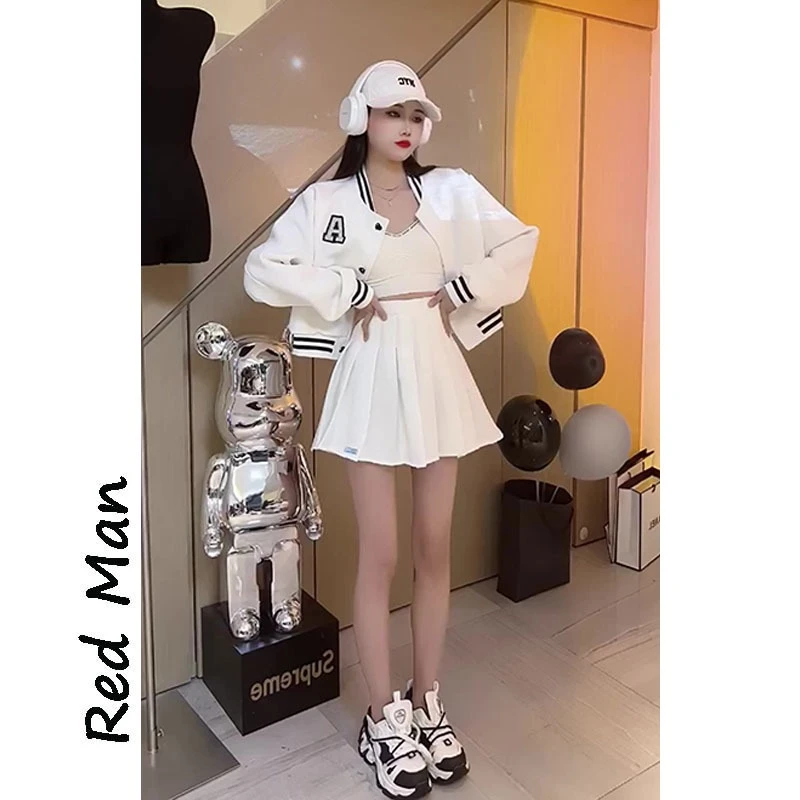 欧货棒球服套装女新款休闲短外套高腰百褶半身裙网红学院风两件套