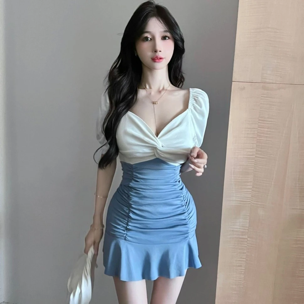 夏季夜总店低胸连衣裙足疗技师工作服夜店性感短袖包臀褶皱短裙子