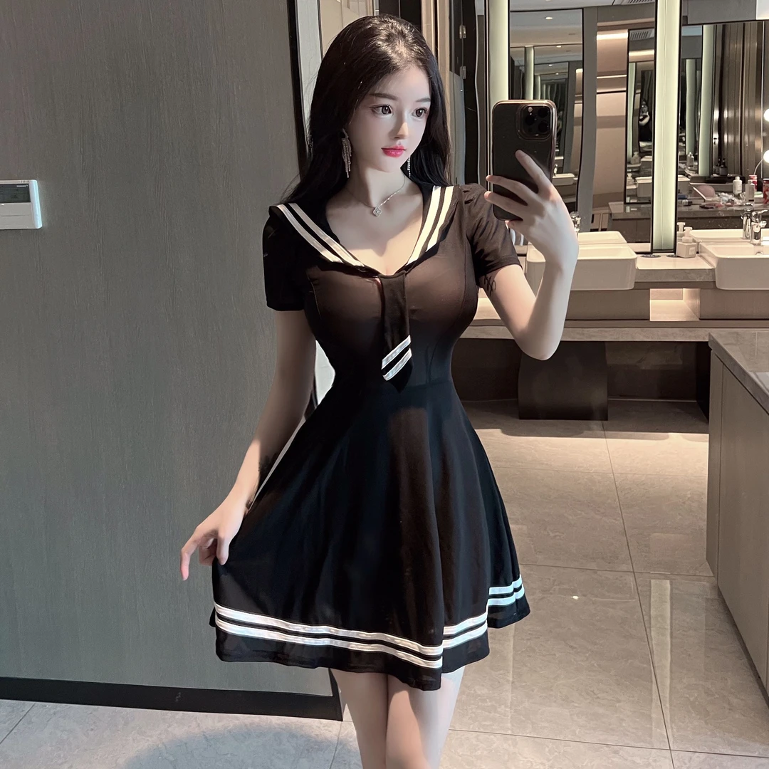 美容院工作服水手制服连衣裙遮肚性感养生馆桑拿水疗足浴透视工衣